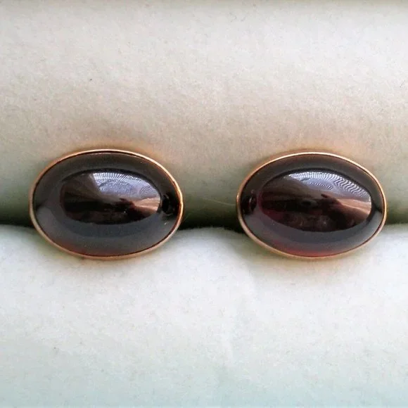 Antique Art Deco Solid 14K Rose Pink Gold Red Garnet Cabochon Cufflinks